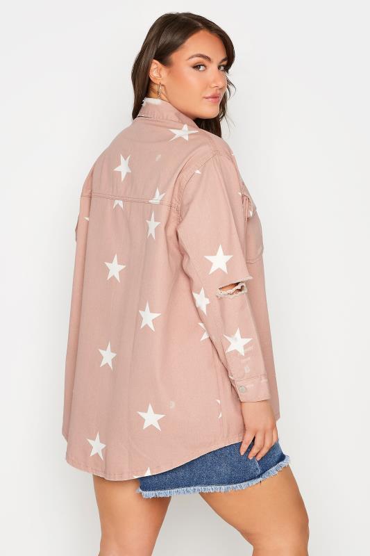 Curve Pink Star Print Western Style Distressed Denim Jacket 3