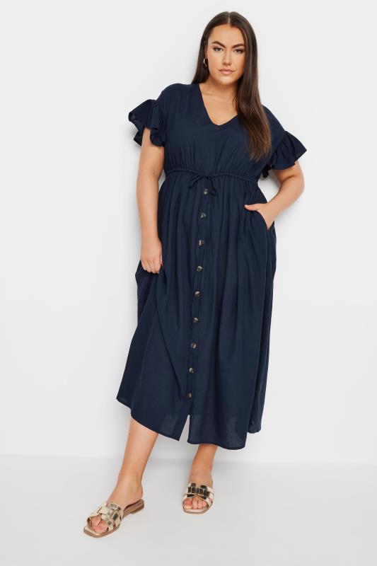 YOURS Plus Size Navy Blue Linen Maxi Dress | Yours Clothing 2