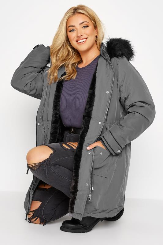 Plus Size Grey Plush Fur Trim Parka Coat | Yours Clothing 2