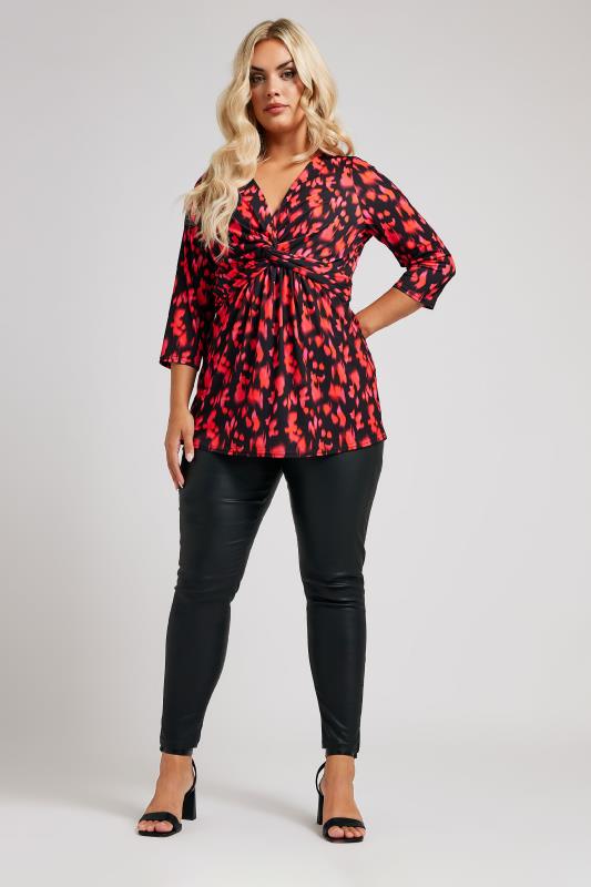 YOURS LONDON Plus Size Red Abstract Print Knot Front Top | Yours Clothing 2