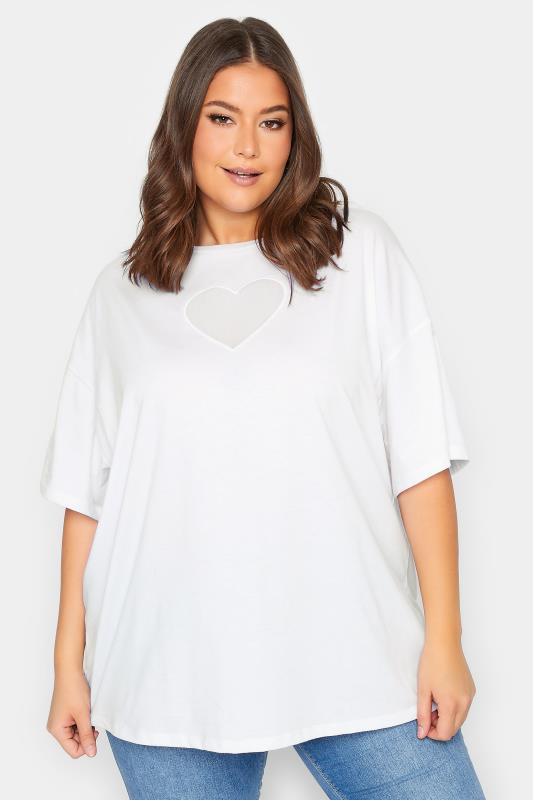 YOURS Plus Size White Heart Cut Out T-Shirt | Yours Clothing 1