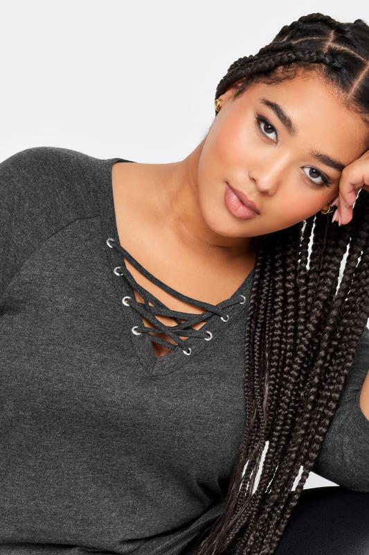 YOURS Plus Size 2 PACK Black & Charcoal Grey Lace Up Eyelet Tops | Yours Clothing 6