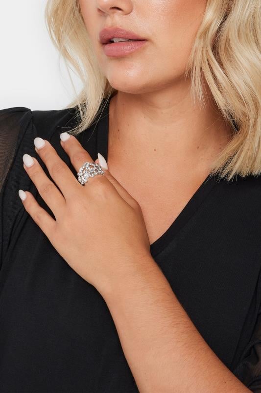 Plus Size  Silver Tone Diamante Bubble Stretch Ring