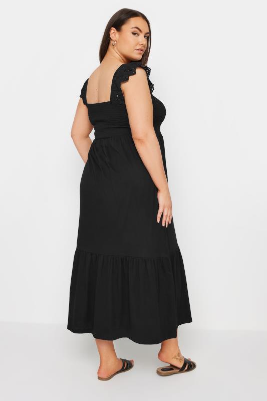 YOURS Plus Size Black Frill Sleeve Shirred Midaxi Dress | Yours Clothing 3