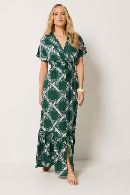  LTS Tall vestido largo con botones y estampado de pañuelo en verde