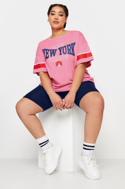 YOURS Plus Size Pink 'New York Champs' Varsity T-Shirt | Yours Clothing 1