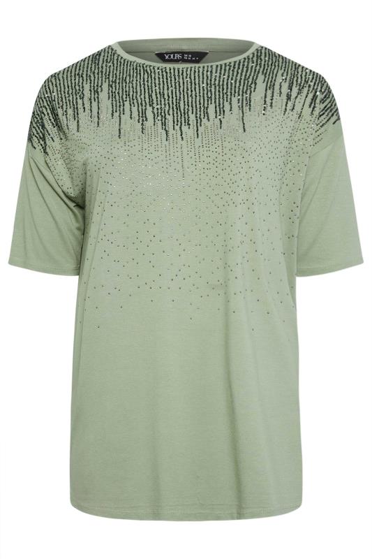 YOURS Plus Size Sage Green Sequin Embellished T-Shirt | Yours Clothing 5