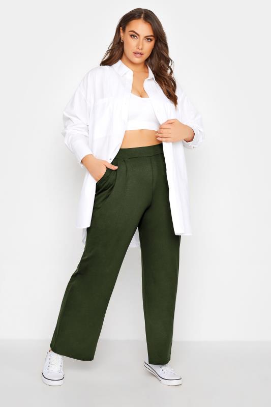 LIMITED COLLECTION Curve Khaki Green Pleated Wide Leg Trousers 2