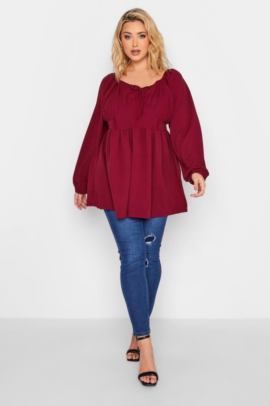 LIMITED COLLECTION Plus Size Burgundy Red Corset Detail Peplum Top | Yours Clothing 2