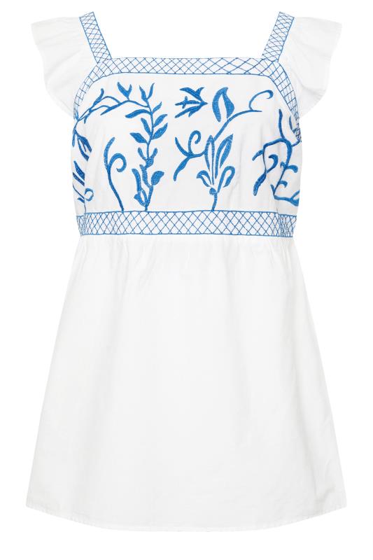 YOURS Plus Size White & Blue Embroidered Peplum Top | Yours Clothing 5
