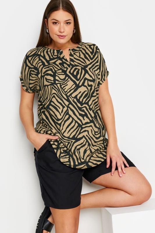 YOURS Plus Size Brown Abstract Print Textured Notch Neck Top | Yours Clothing 1
