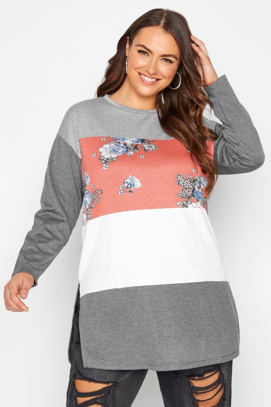 Plus Size  Grey Colourblock Floral Long Sleeve T-Shirt