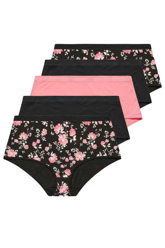 YOURS 5 PACK Plus Size Black & Pink Floral Print Full Briefs | Yours Clothing 5