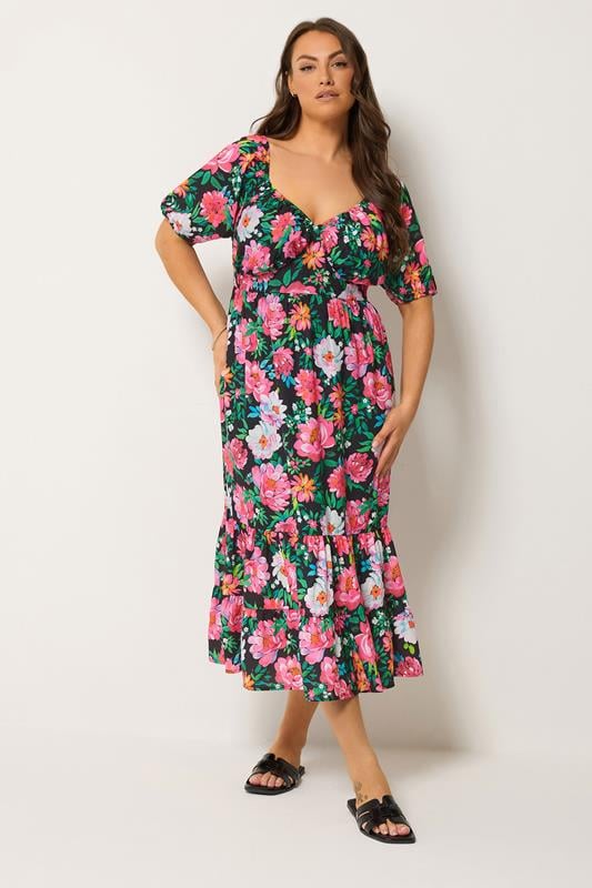 YOURS Plus Size Black Floral Milkmaid Midi Dress | Yours Clothing 2