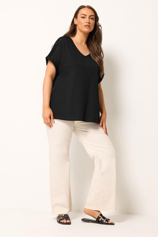 YOURS Plus Size Black Lattice Grown On Sleeve T-Shirt | Yours Clothing 1