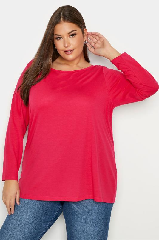 Plus Size  Curve Hot Pink Long Sleeve T-Shirt