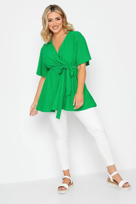 YOURS Curve Plus Size Green V-Neck Broderie Anglaise Wrap Top | Yours Clothing  2