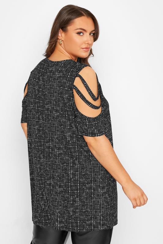Plus Size Black Checked Zip Neck Cold Shoulder Top | Yours Clothing  4