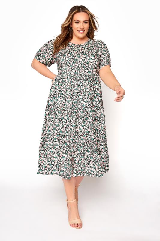 Curve Green Floral Short Puff Sleeve Tiered Midi Dress 2