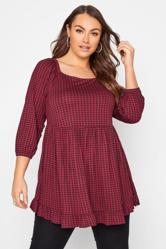  Grande Taille Wine Red Gingham Peplum Frill Top