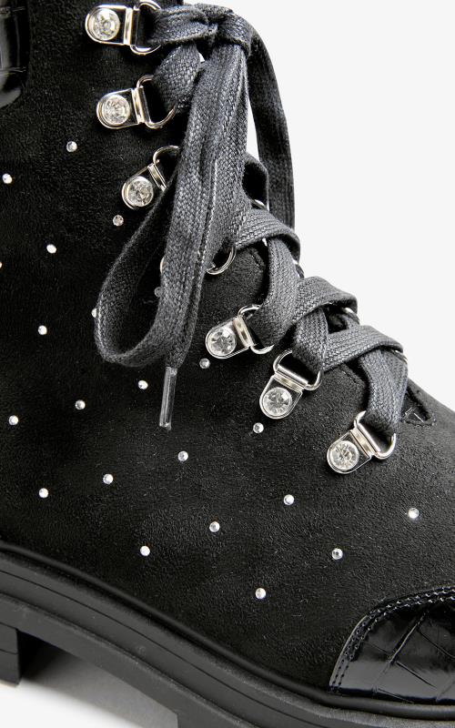 LIMITED COLLECTION Black Faux Suede Diamante Stud Lace Up Boots In Wide Fit | Yours Clothing 6
