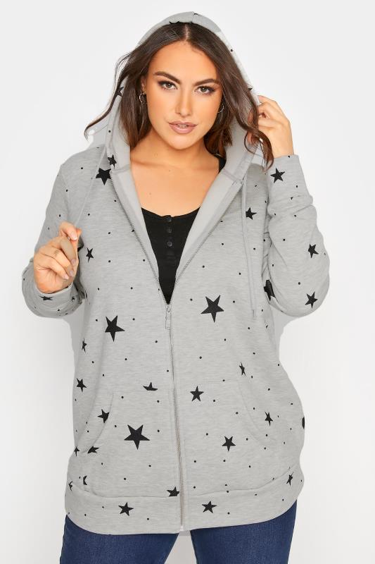Plus Size Grey Star Print Zip Through Hoodie | Yours Clothing  3
