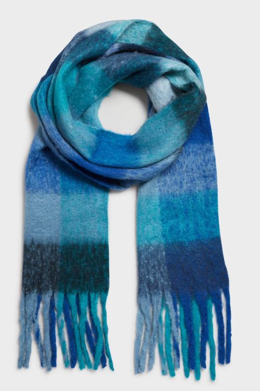 Blue Block Check Chunky Tassel Scarf | Yours Clothing 2