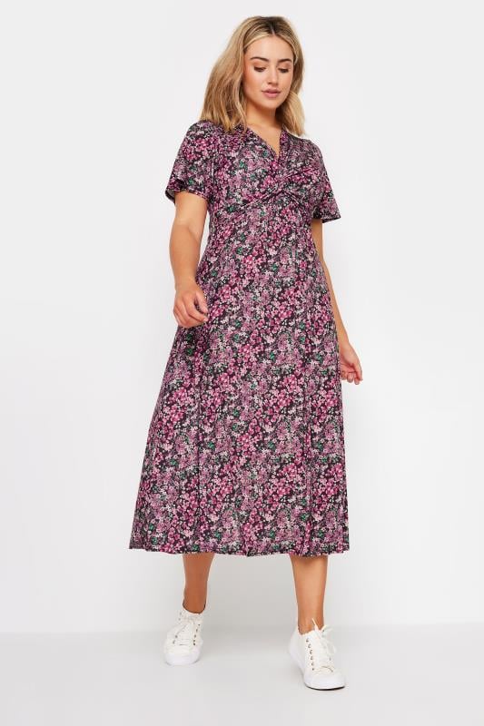 M&Co Pink Floral Print Twist Front Short Sleeve Dress | M&Co 2