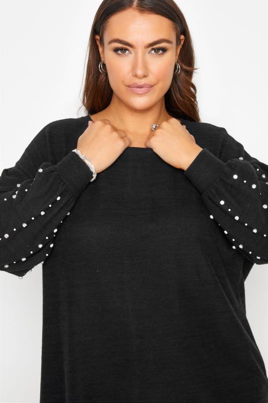 Plus Size Black Embellished Balloon Sleeve Knitted Jumper | Yours Clothing 4