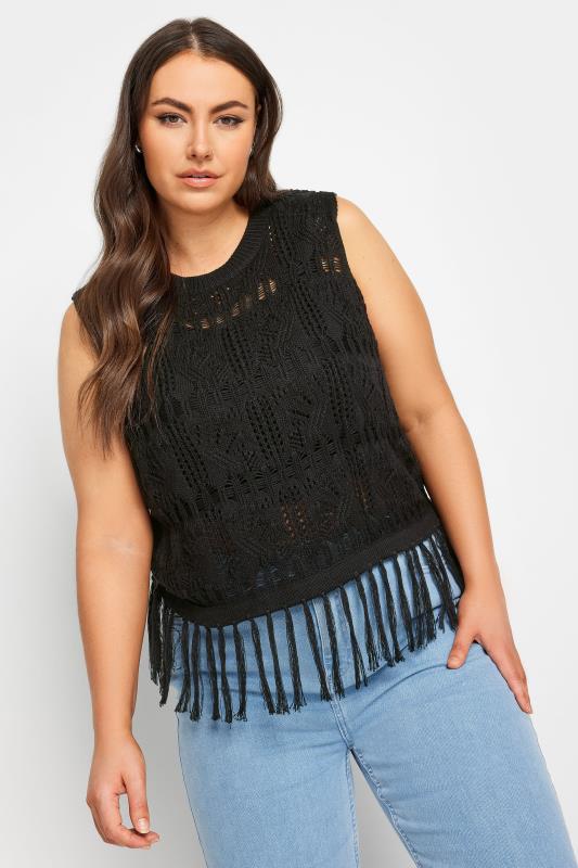  Grande Taille YOURS Curve Black Crochet Fringe Vest Top