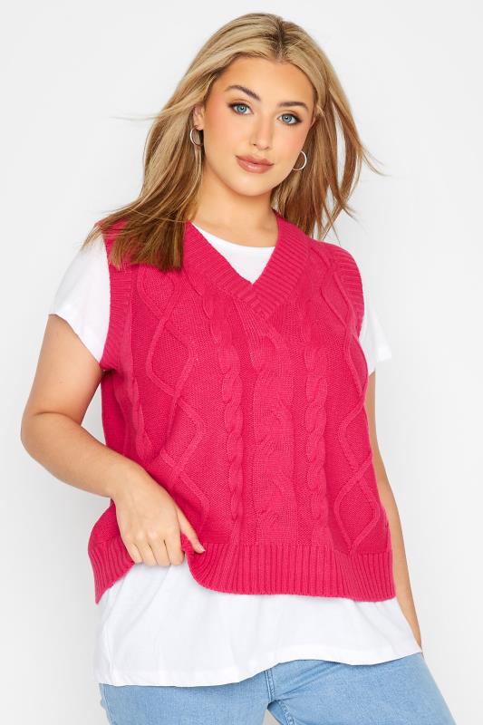 Plus Size  Curve Hot Pink Cable Knit Sweater Vest Top