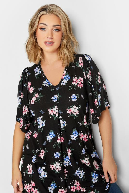YOURS Curve Plus Size Black Floral Angel Sleeve Top | Yours Clothing  4