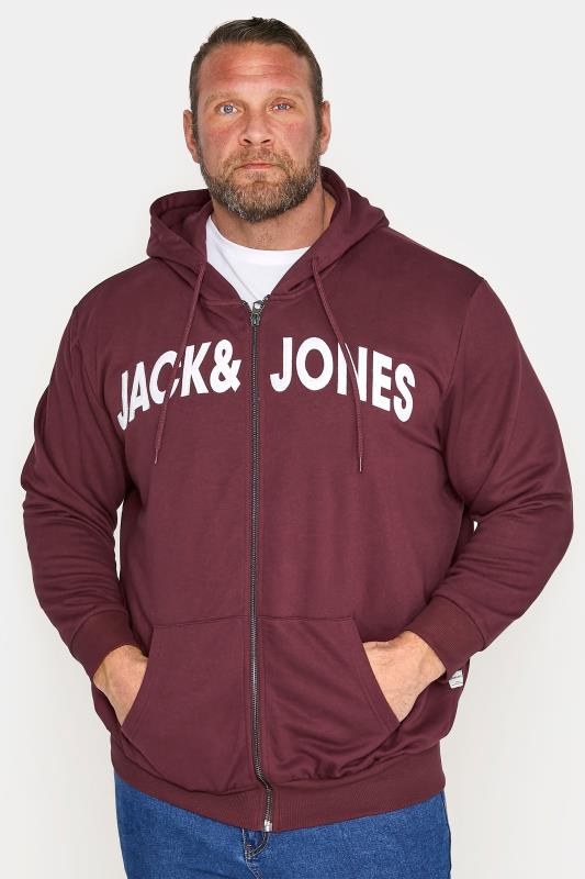 JACK & JONES Big & Tall Burgundy Red Zip Through Logo Hoodie 1
