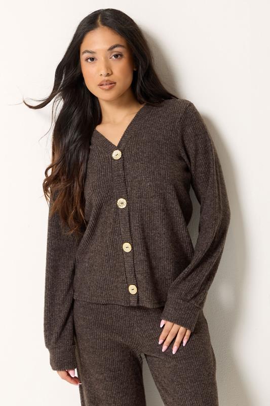 PixieGirl Petite Women's Set Chocolate Brown Ribbed Cardigan & Wide Leg Trousers | PixieGirl 2