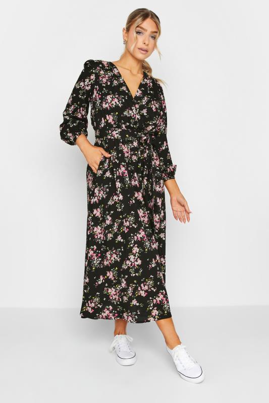 Women's  M&Co Black & Pink Floral Print Wrap Front Dress