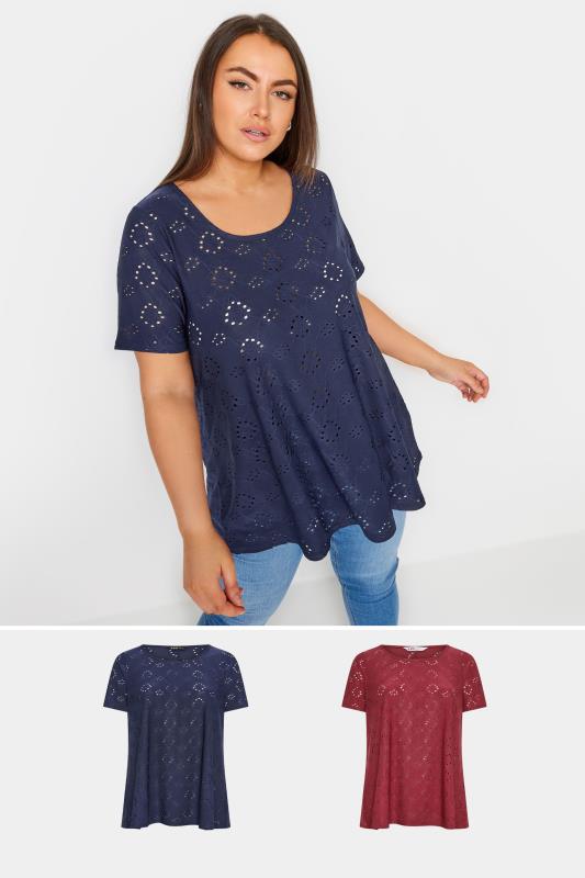 Plus Size  2 PACK Navy Blue & Red Broderie Anglaise Swing T-Shirts