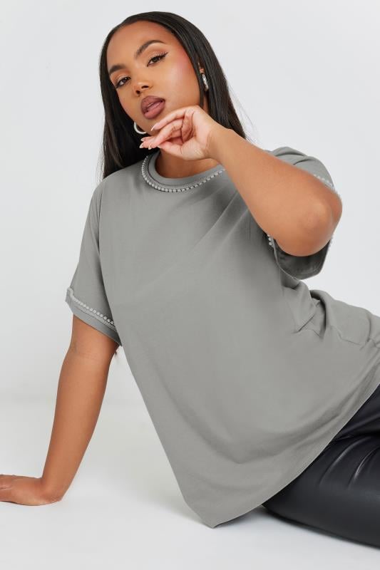 Plus Size  YOURS Curve Grey Pearl Trim T-Shirt