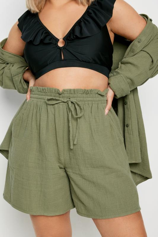 YOURS Plus Size Khaki Green Cheesecloth Shorts | Yours Clothing 5