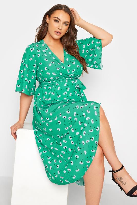 YOURS LONDON Plus Size Bright Green Floral Print Midi Wrap Dress | Yours Clothing 4