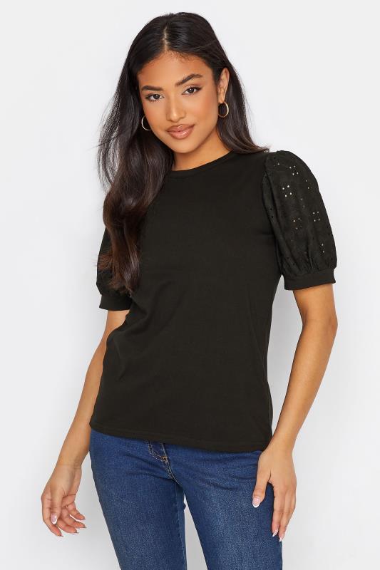 Petite Black Broderie Anglaise Puff Sleeve T-Shirt 1