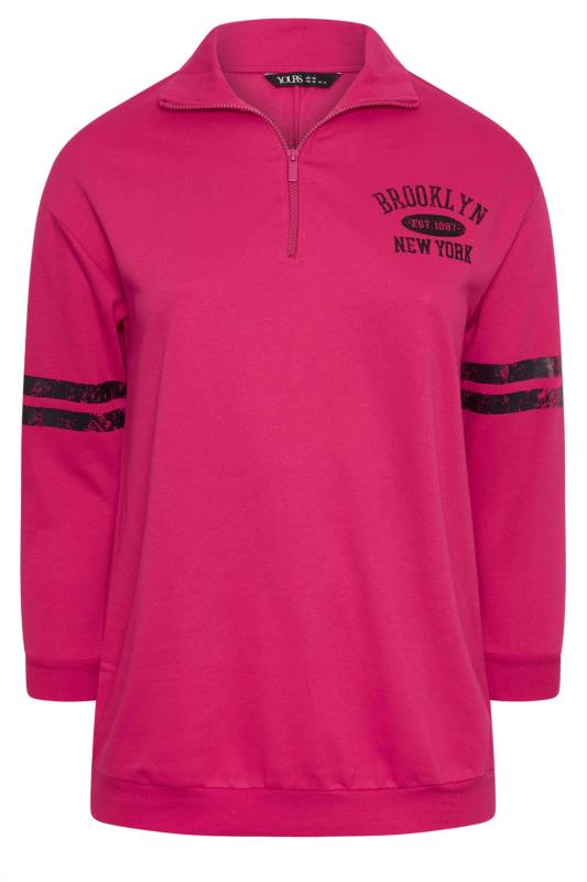YOURS Plus Size Pink 'Brooklyn' Varsity Half Zip Sweatshirt | Yours Clothing 7