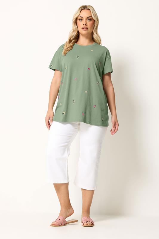 YOURS Plus Size Green Embroidered Flower T-Shirt | Yours Clothing 1