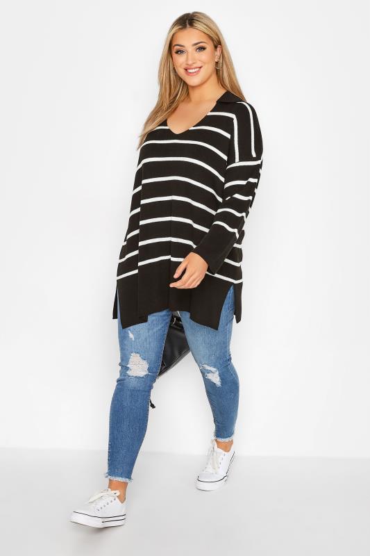 Plus Size Curve Black Stripe Collared Jumper | Yours Clothing 2