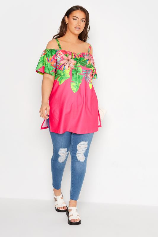 Plus Size Pink Tropical Print Bardot Top | Yours Clothing 2