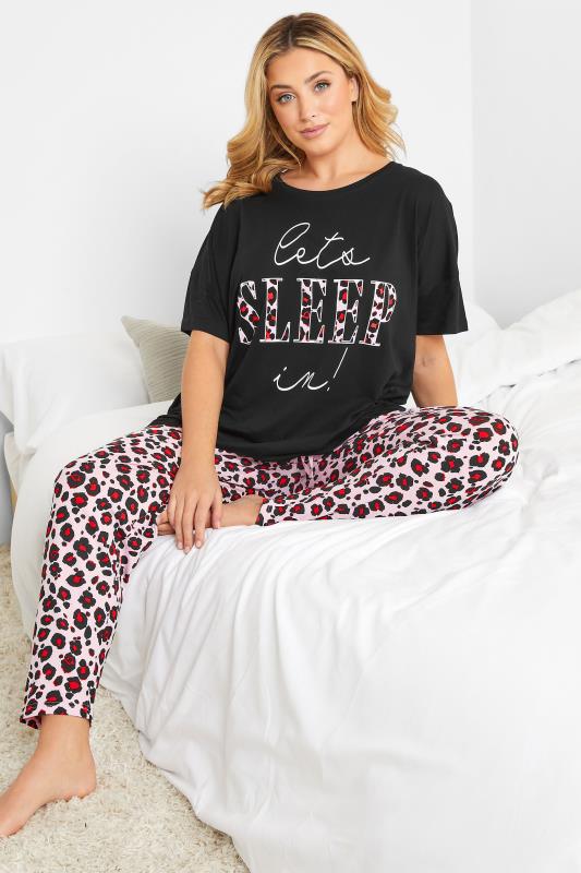 Plus Size  YOURS Curve Black Animal Print 'Let's Sleep In' Pyjama Set