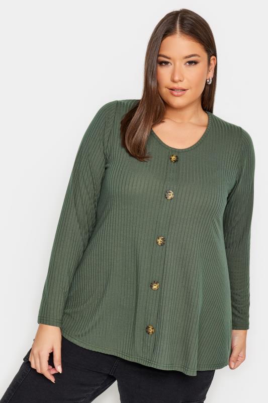 LIMITED COLLECTION Plus Size Khaki Green Ribbed Button Front Top | Yours Clothing 4