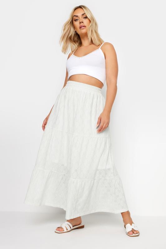 YOURS Plus Size White Broderie Anglaise Tiered Maxi Skirt | Yours Clothing 2