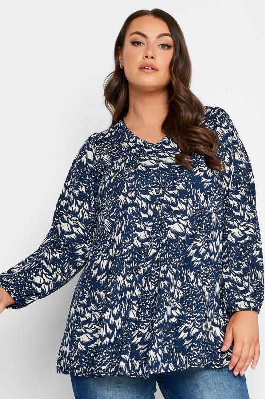 YOURS Plus Size Navy Blue Floral Print Balloon Sleeve Top | Yours Clothing 1