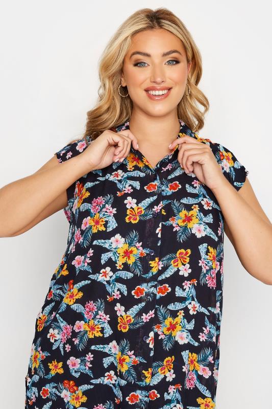 Plus Size Navy Blue Floral Print Cap Sleeve Dipped Hem Shirt | Yours Clothing 4
