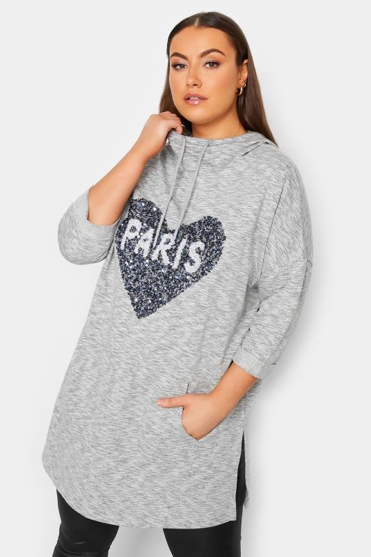YOURS LUXURY Plus Size Curve Grey 'Paris' Glitter Heart Hoodie | Yours Clothing  3